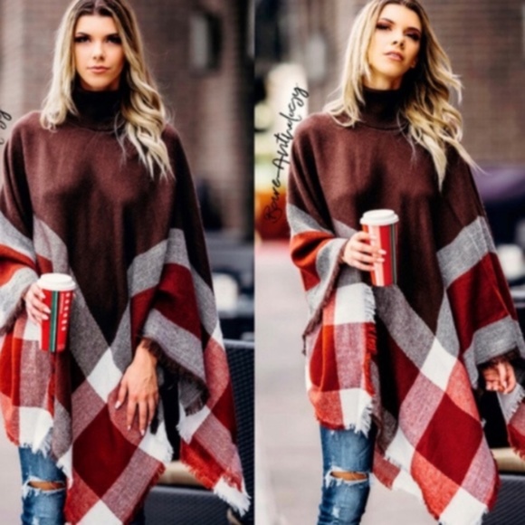 BellanBlue Sweaters - 034 Cozy Brown Turtleneck Plaid Poncho